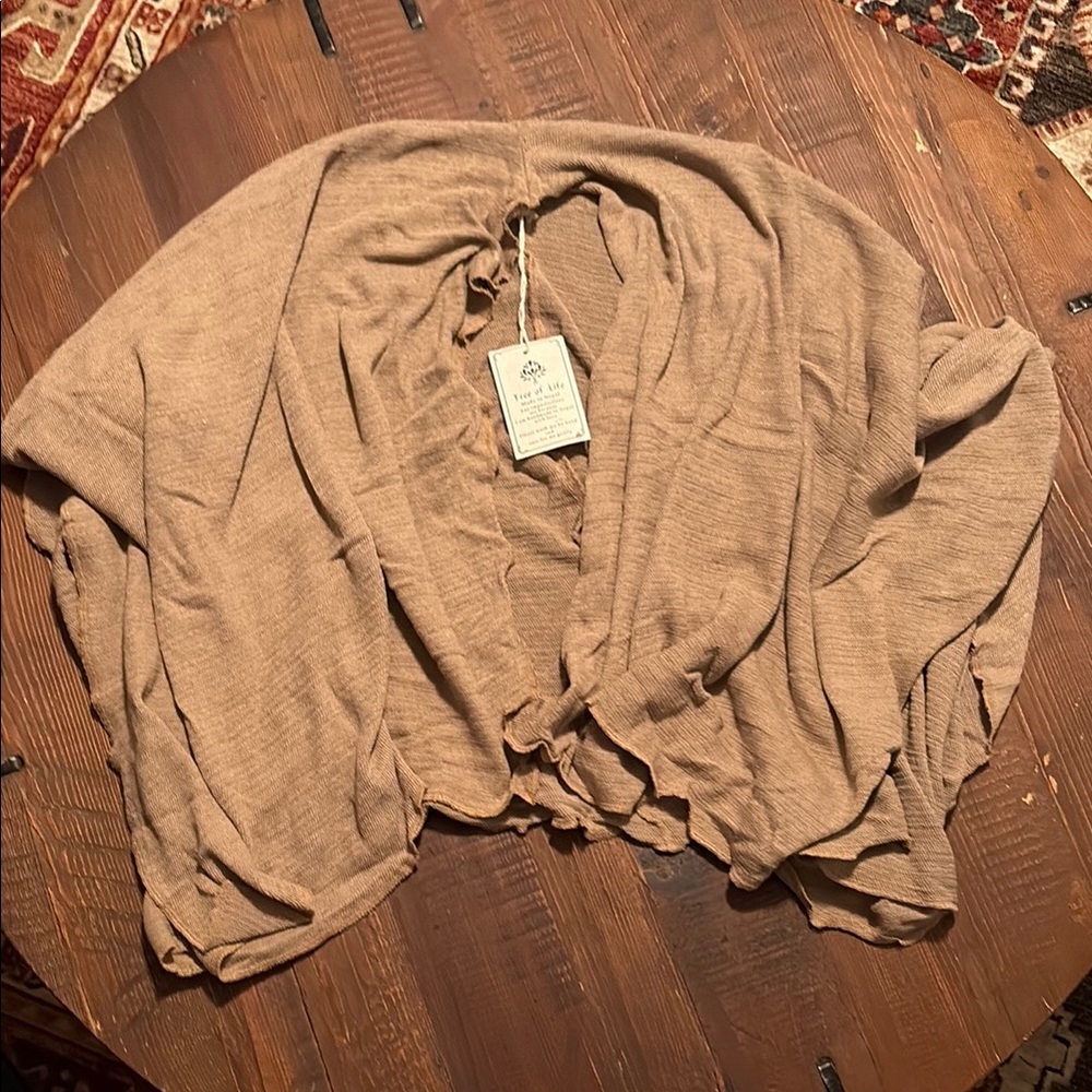 Tree of Life Tan Shrug Sweater with Draped Design